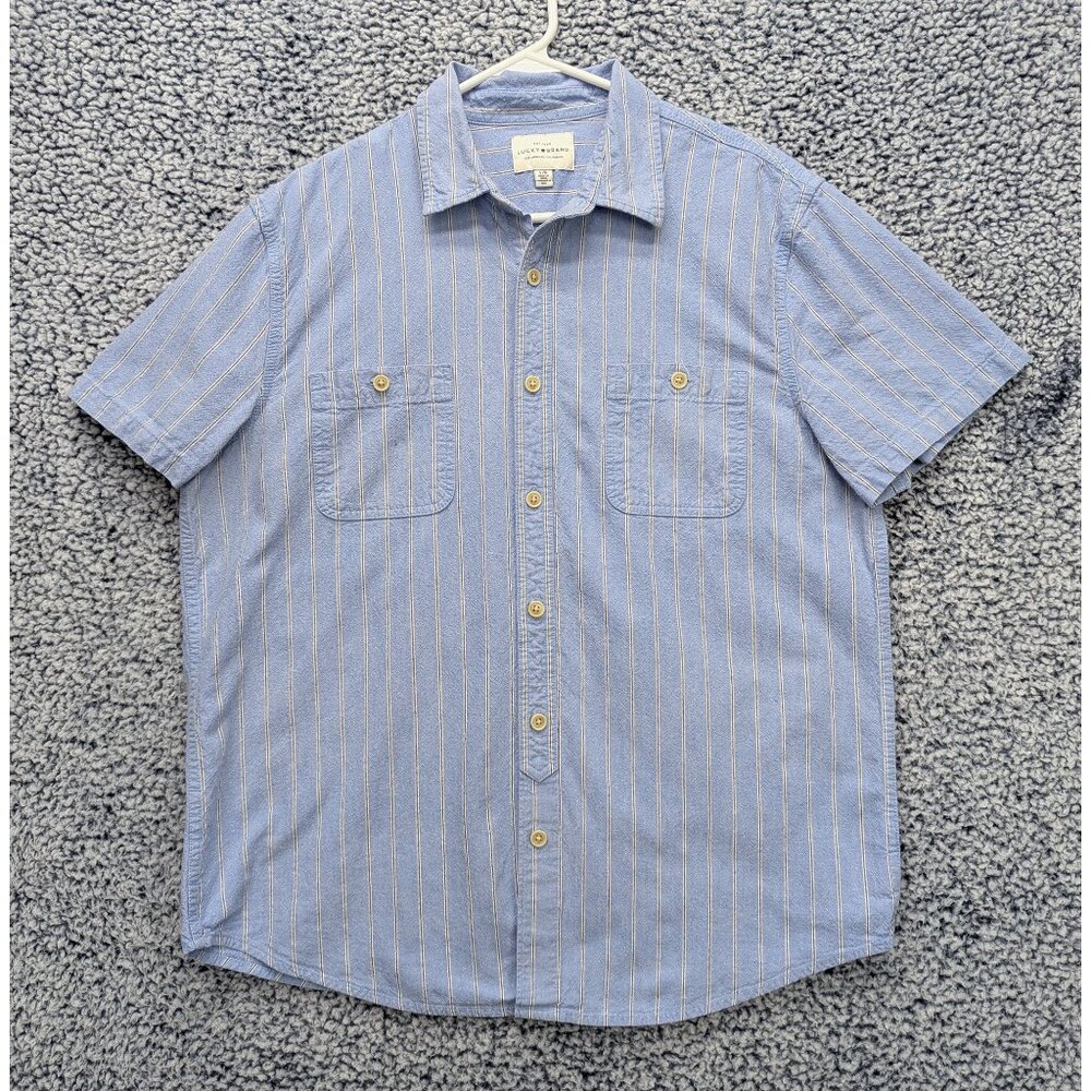 Lucky Brand Button Up Shirt Mens LG Short Sleeve Travel Golf Beachy Boho Blue
